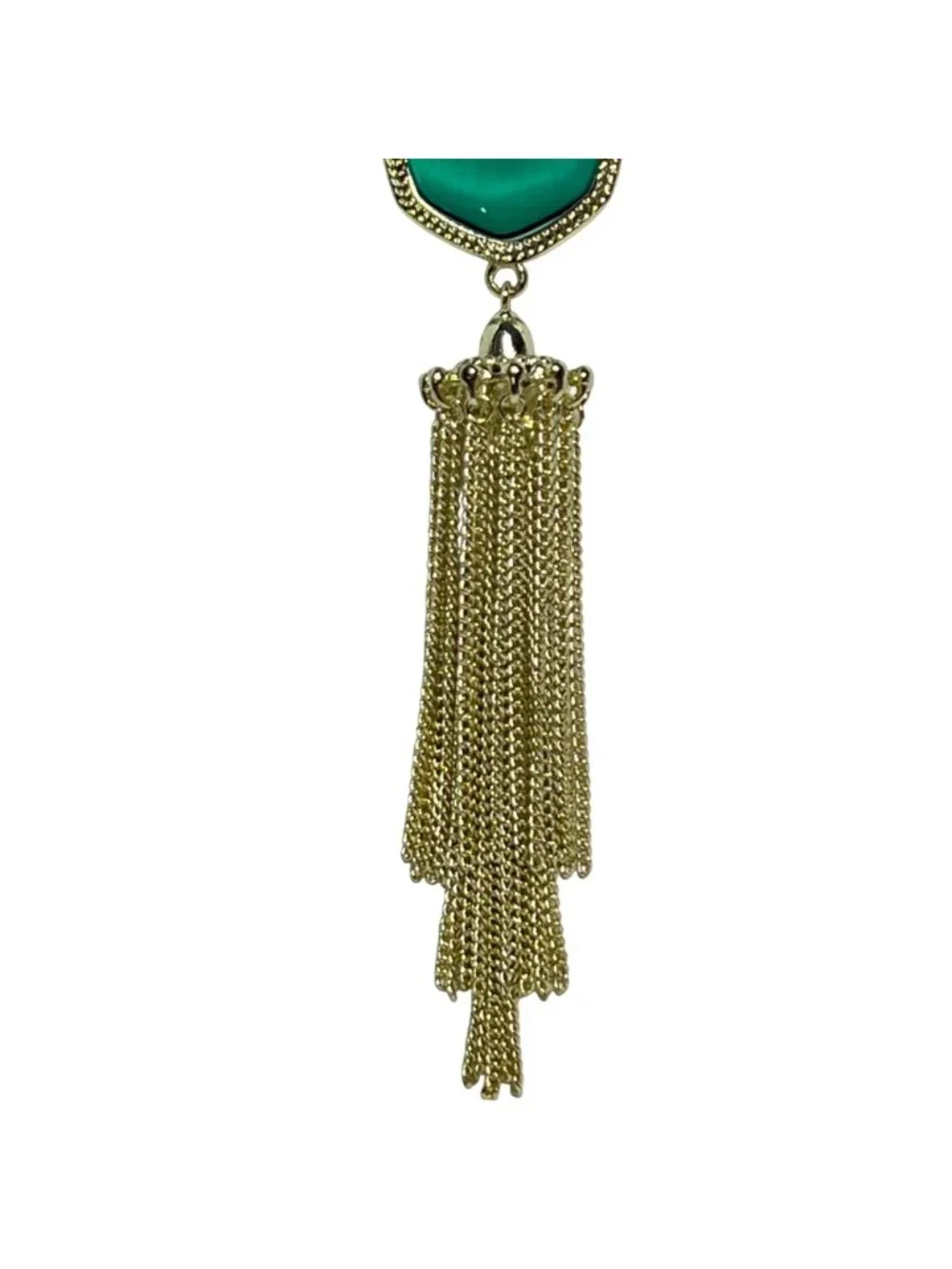 Kendra Scott Gold Tone Curved Box Chain Necklace W/ Green Tassel Pendant (6382) - Picture 3 of 6